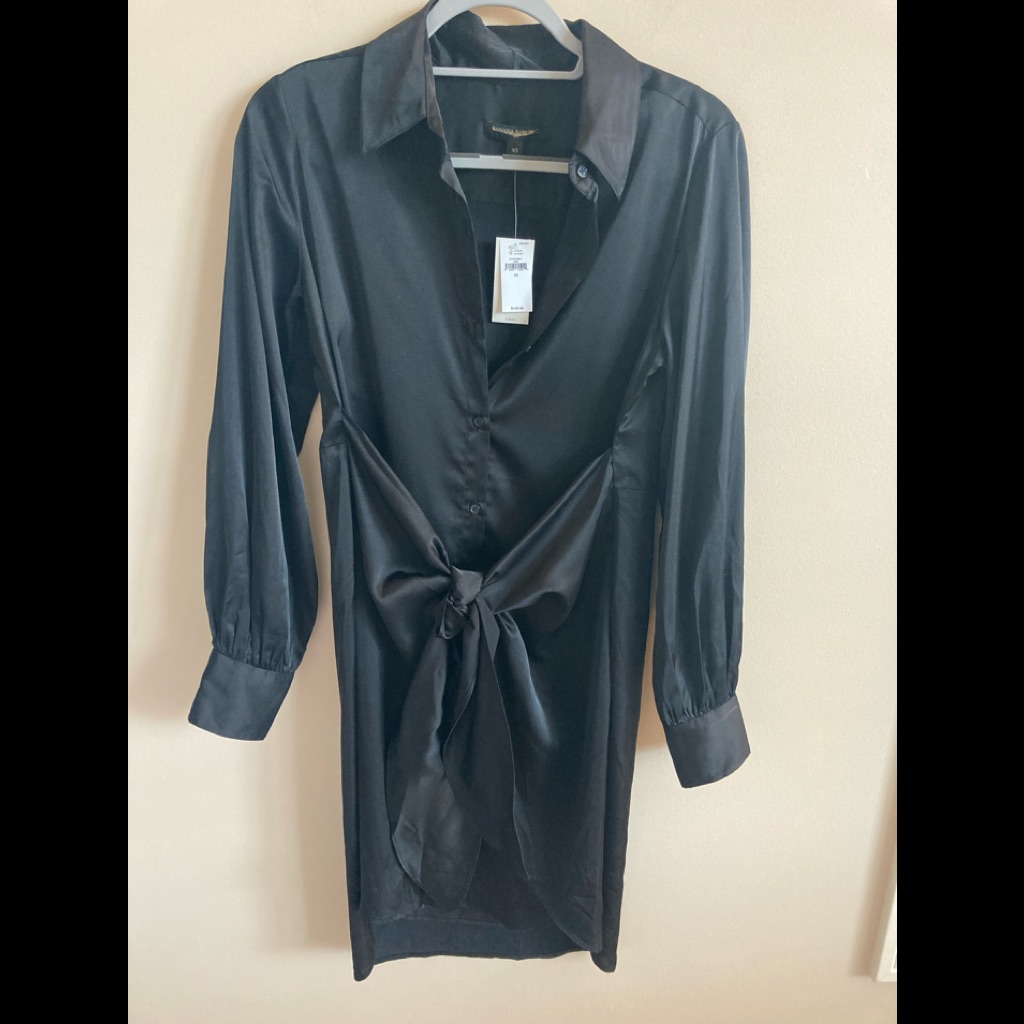 Nwt-Banana Republic Black Long Sleeve Shirt Dress With Attached Tie, Size Xs